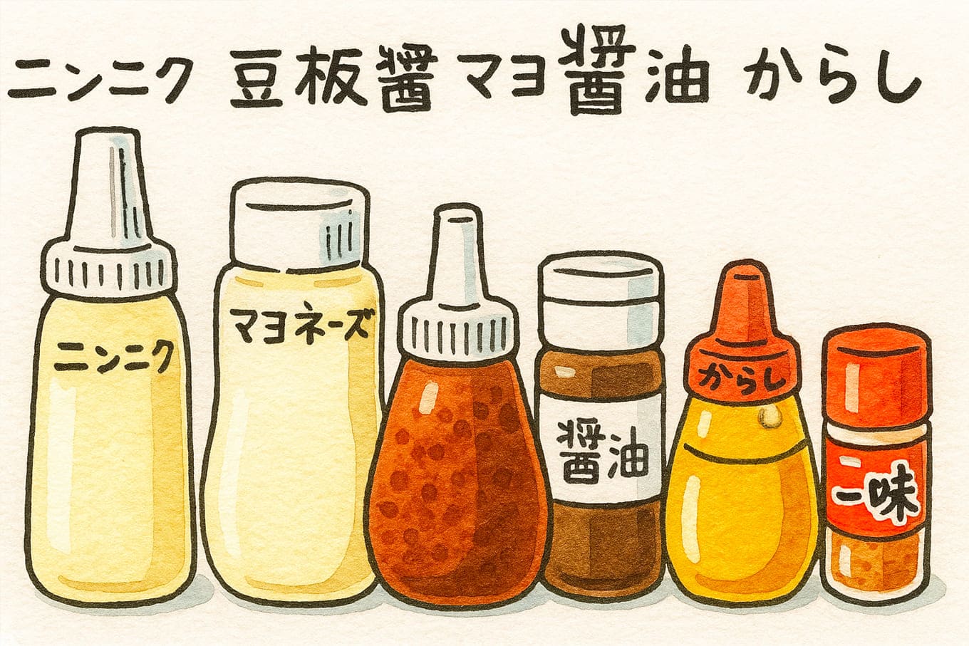 にんにく・豆板醤・マヨ・醤油・からし・一味の卓上セット