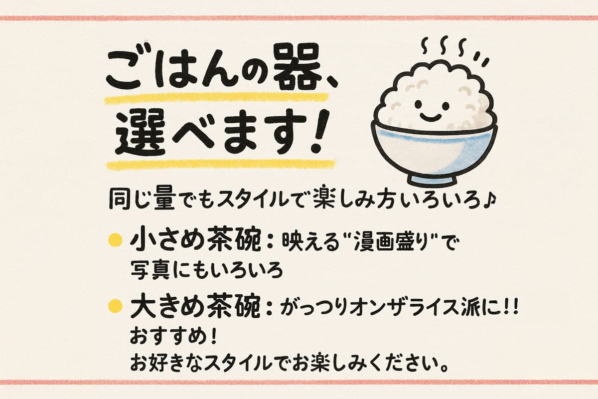 ごはんの器選べます！案内POP（漫画盛りスタイルの説明）
